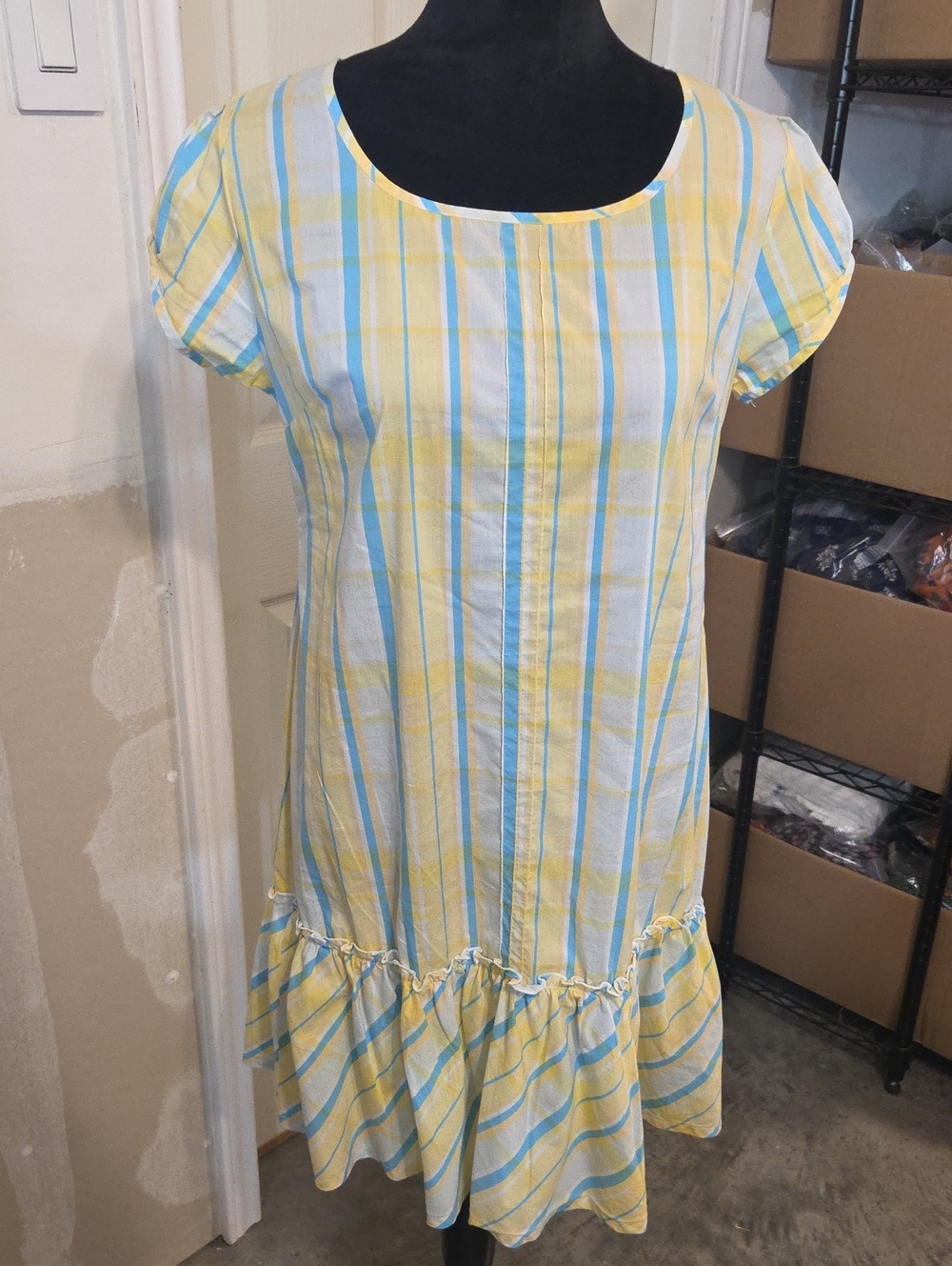 ZANOSE Yellow Blue Stripe Midi Dress  Ruffle Hem Short Sleeve Summer Cotton